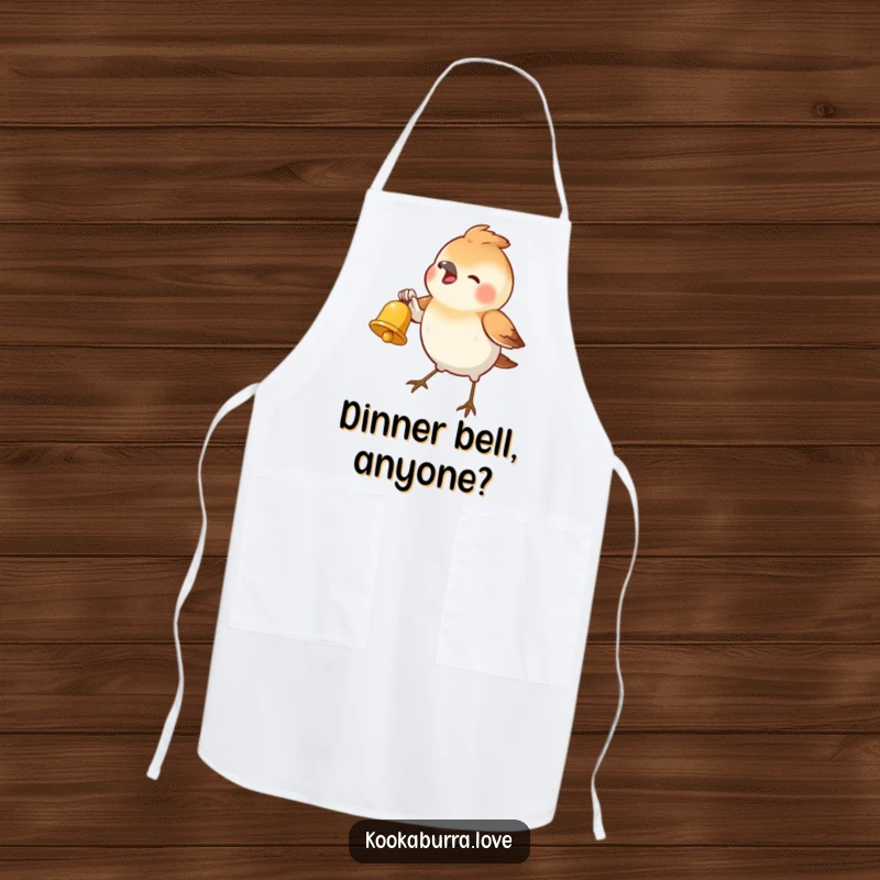 Funny Apron with a small bird enthusiastically ringing a tiny golden bell, adding a humorous and charming touch to kitchen tasks.