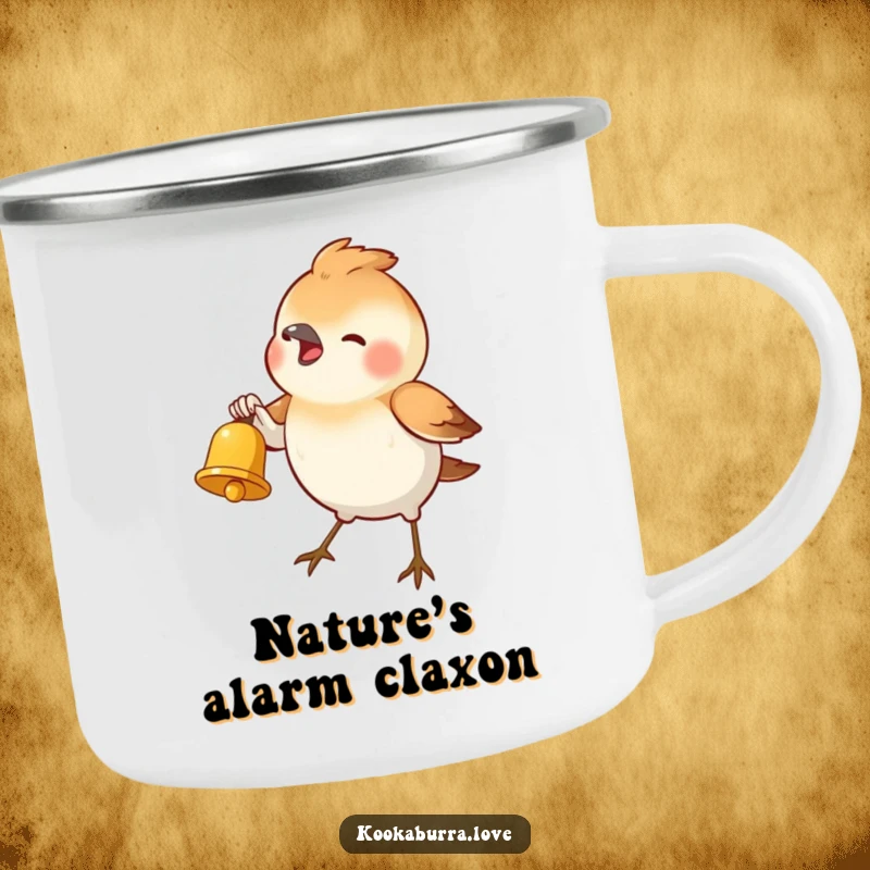 Funny Camping Mug featuring a small bird enthusiastically ringing a tiny golden bell, perfect for outdoor adventures and humorous moments.