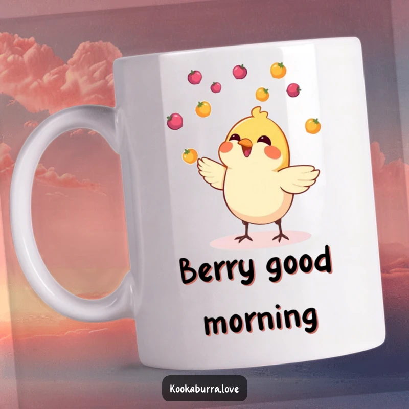 Funny mug showcasing a cheerful small bird expertly juggling colorful berries tossed high in the air.