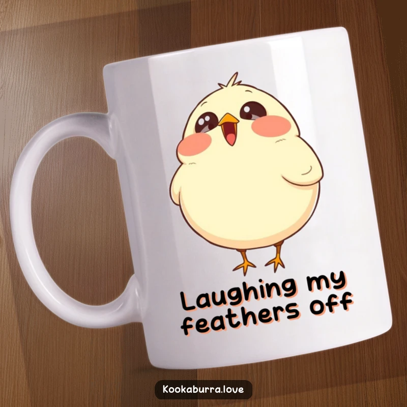 Funny mug showing a plump, round bird with wide, sparkling eyes thrown back in a fit of joyous laughter.
