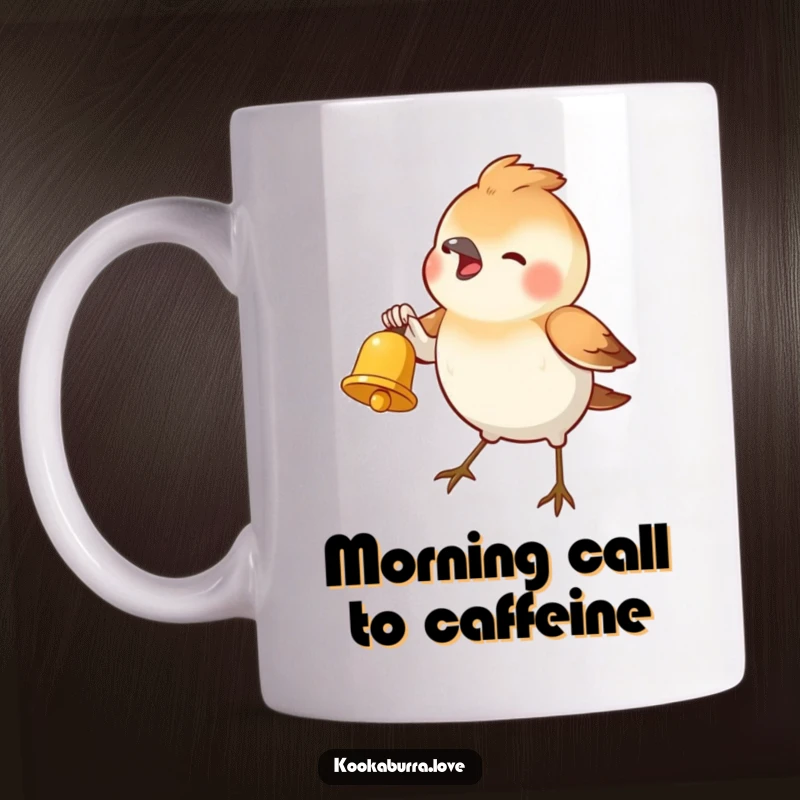 Funny Mug featuring a small, cheerful bird enthusiastically ringing a tiny golden bell, spreading joy and a musical vibe.