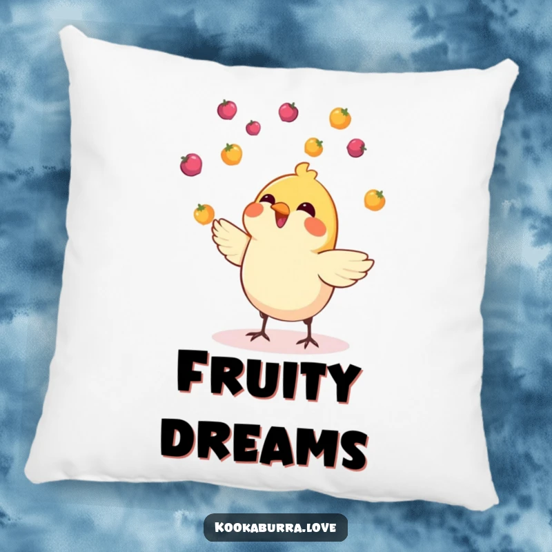 Funny pillow showcasing a small, cheerful bird expertly juggling a vibrant collection of tiny, colorful berries.