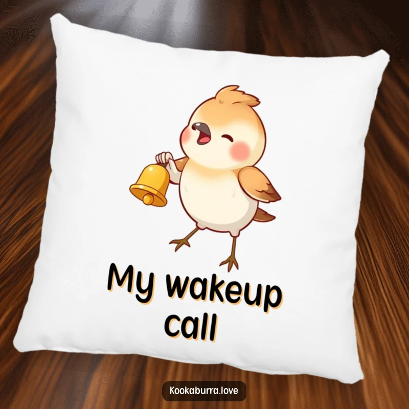 Funny Pillow featuring a small bird joyfully ringing a tiny golden bell, offering comfort and a cheerful, humorous decoration.