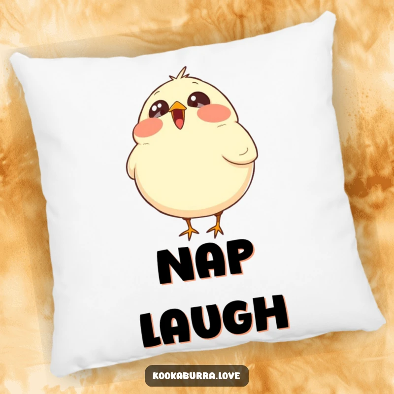 Funny pillow depicting a plump, round bird with wide, sparkling eyes in a state of pure, joyous laughter.