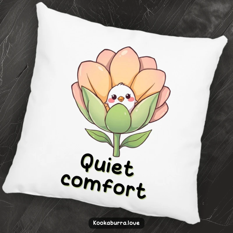 Funny pillow showcasing a shy small bird cautiously peeking out from behind a large, smiling flower bud.