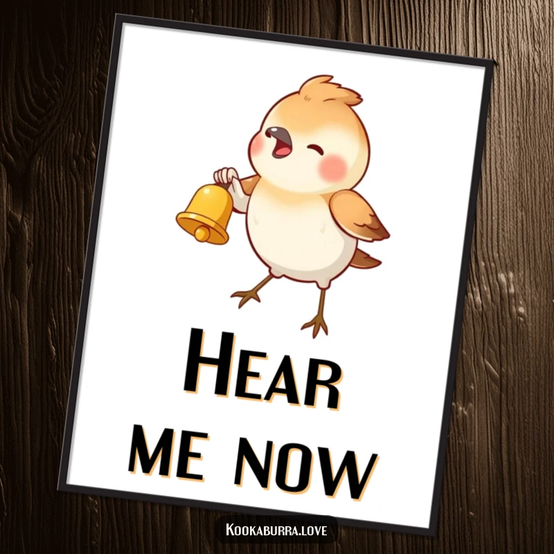 Funny Digital Art Print showing a small bird enthusiastically ringing a tiny golden bell, conveying immediate joy and humor.