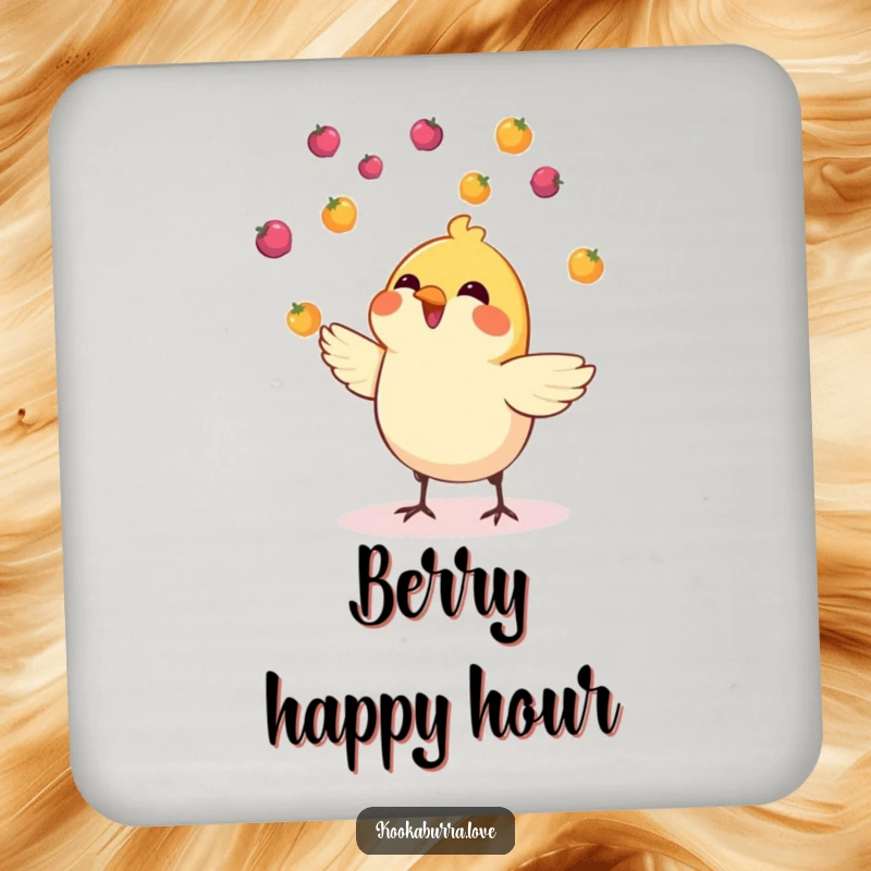 Funny drink coasters showcasing a small, cheerful bird expertly juggling tiny, colorful berries, adding vibrancy.