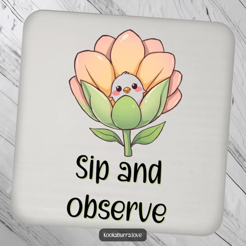 Funny drink coasters showcasing a shy small bird cautiously peeking out from behind a large, smiling flower bud.