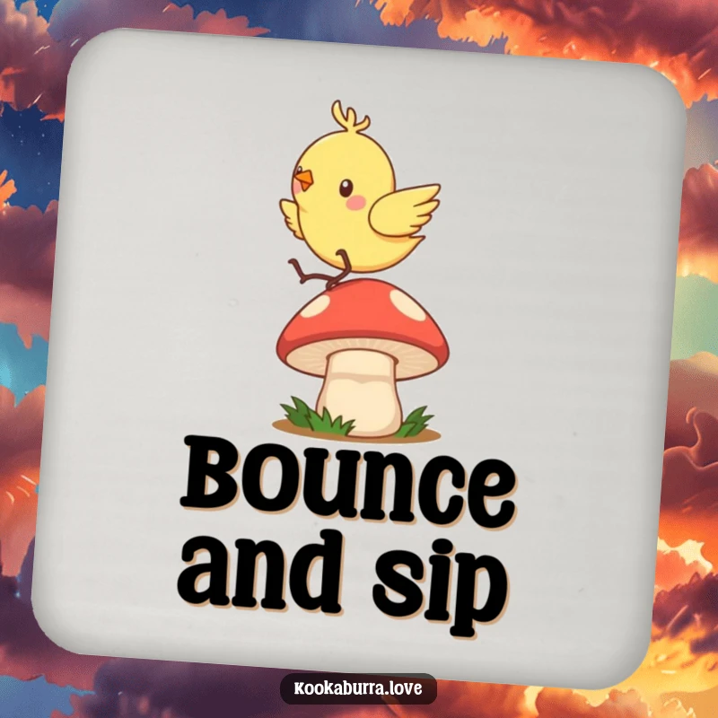 Funny drink coasters showcasing a quick, zippy bird joyfully hopping and bouncing on a mushroom cap.