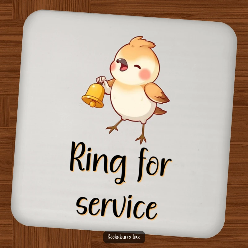 Funny Coasters featuring a small bird ringing a tiny golden bell, offering humorous protection for surfaces with a musical theme.
