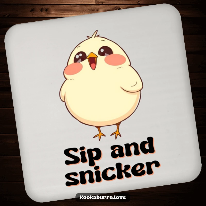 Funny drink coasters featuring a plump, round bird with wide, sparkling eyes caught mid-laugh, adding cheer.