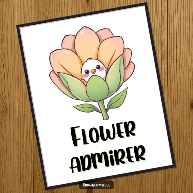 Funny poster featuring a shy small bird cautiously peeking out from behind a giant, friendly smiling flower bud.