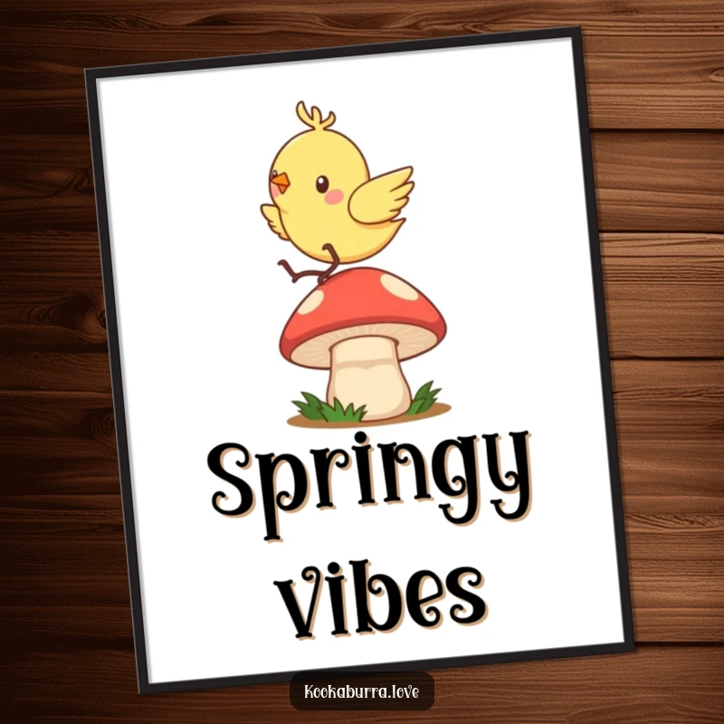 Funny poster featuring a quick, zippy bird gleefully hopping and bouncing with great enthusiasm on a mushroom cap.