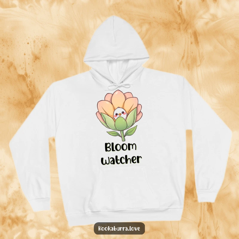 Funny hoodie depicting a shy small bird peeking from behind a large, happy smiling flower bud.
