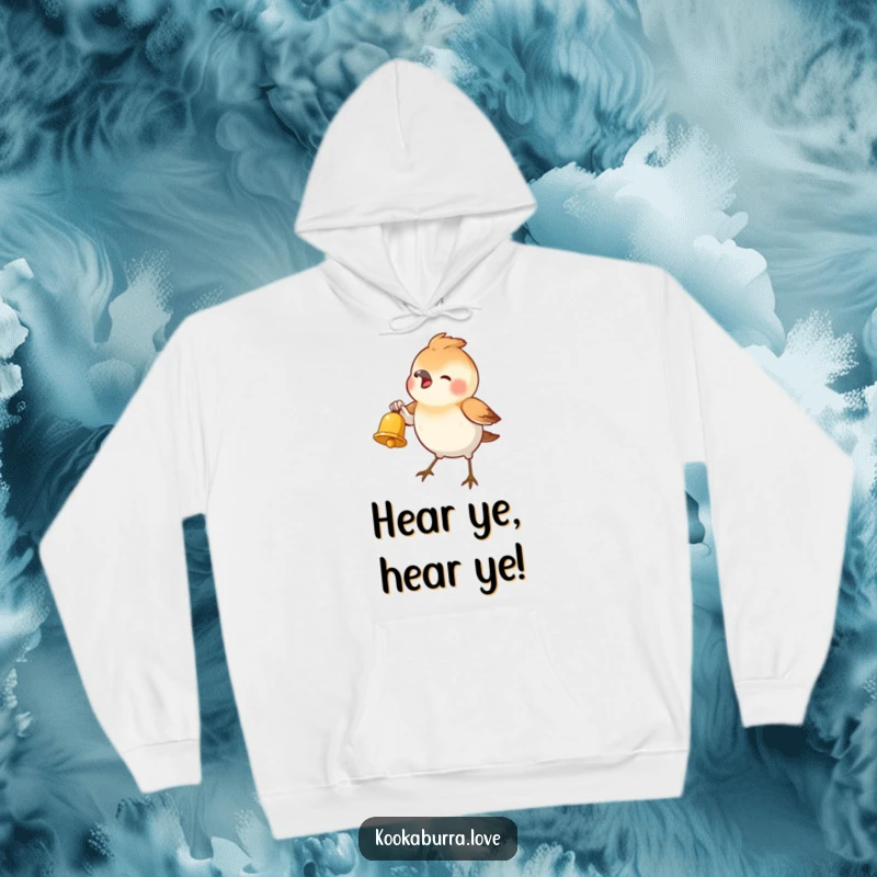 Funny Hoodie showcasing a small bird joyfully ringing a tiny golden bell, offering warmth and a humorous, musical theme.