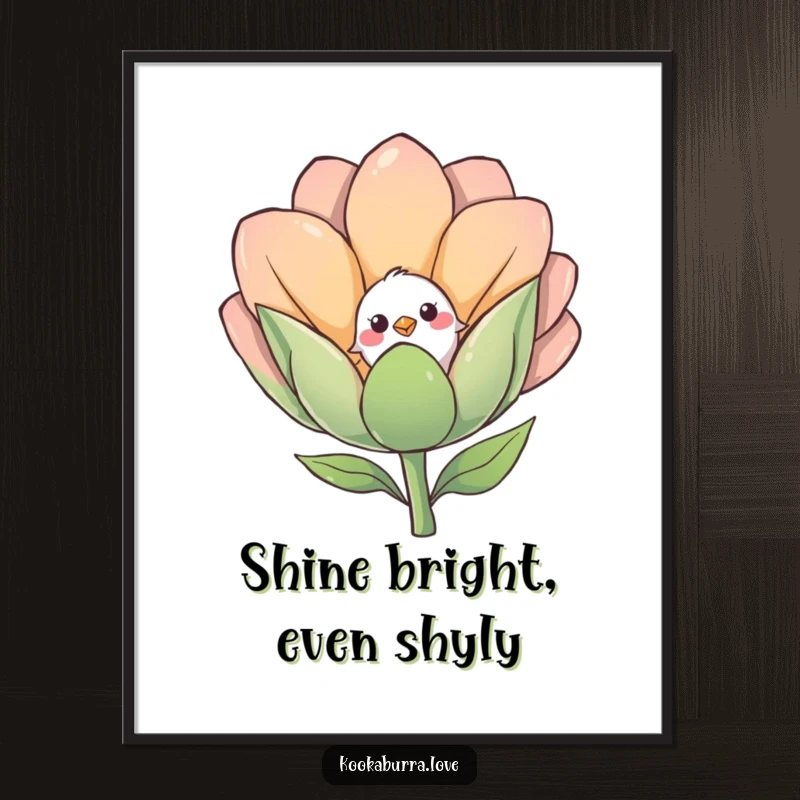 Funny Free Printable Wall Art: A timid bird peeks from behind a large, smiling flower bud, creating a scene of gentle curiosity and charm.