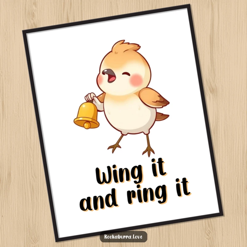 Funny Free Printable Wall Art: A small bird with a wide grin enthusiastically rings a miniature golden bell, radiating pure joy.