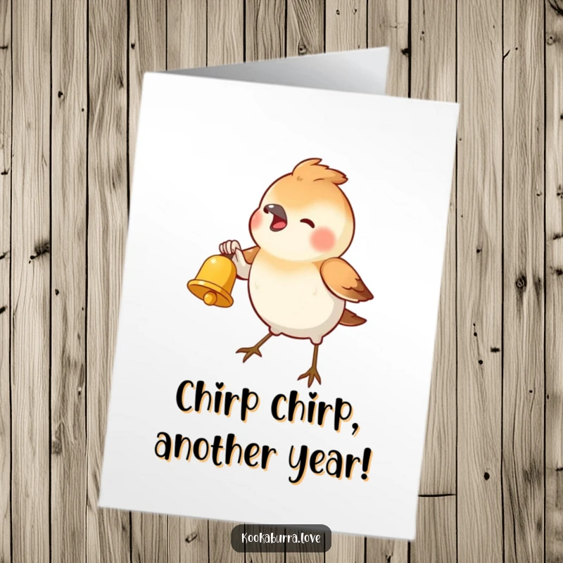 Funny Free Printable Birthday Card featuring a cheerful bird energetically ringing a tiny golden bell, spreading birthday cheer.
