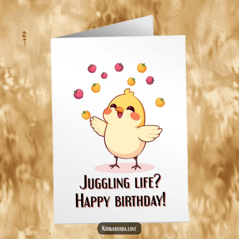 Funny Free Printable Birthday Card: A small, cheerful bird expertly juggles colorful berries tossed high in the air with a smile.