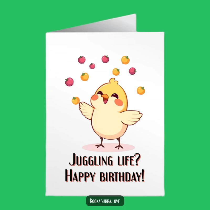 Free Printable Juggling Bird Birthday Card: Berry Fun, Cheerful, Downloadable Gift