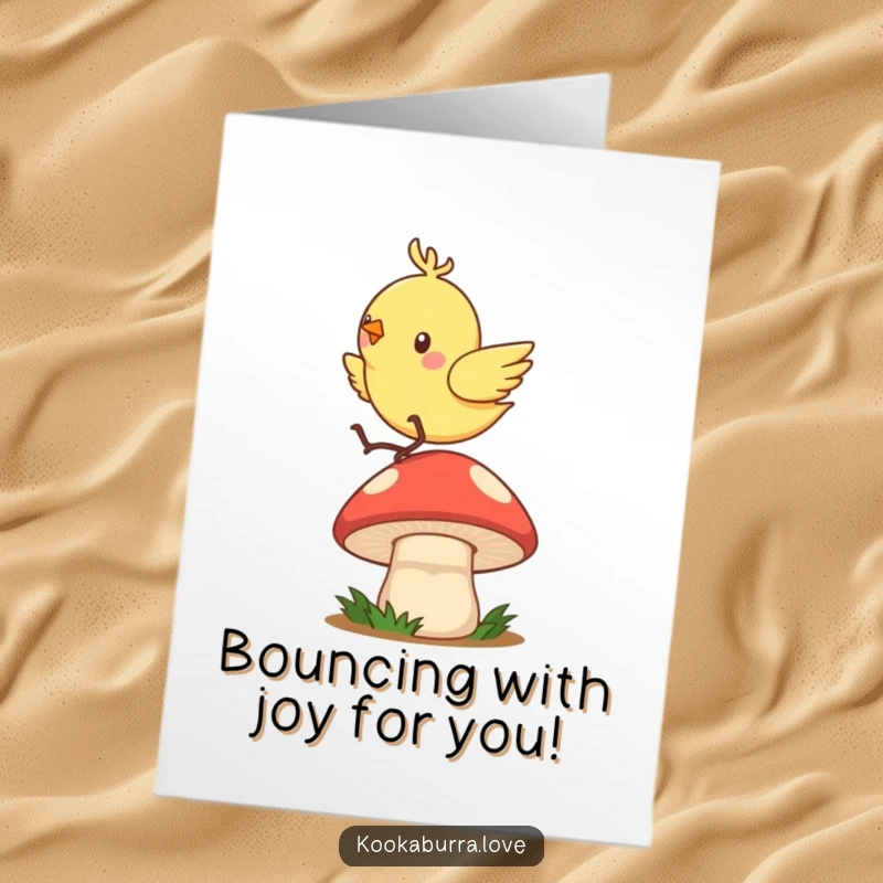 Funny Free Printable Congratulations Card: A zippy bird executes a joyful hop on a bouncy mushroom, symbolizing a great success achieved.