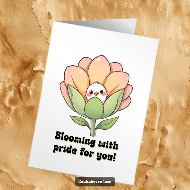 Funny Free Printable Congratulations Card: A small, shy bird cautiously peeks from behind a giant, friendly smiling flower bud, sharing good news.