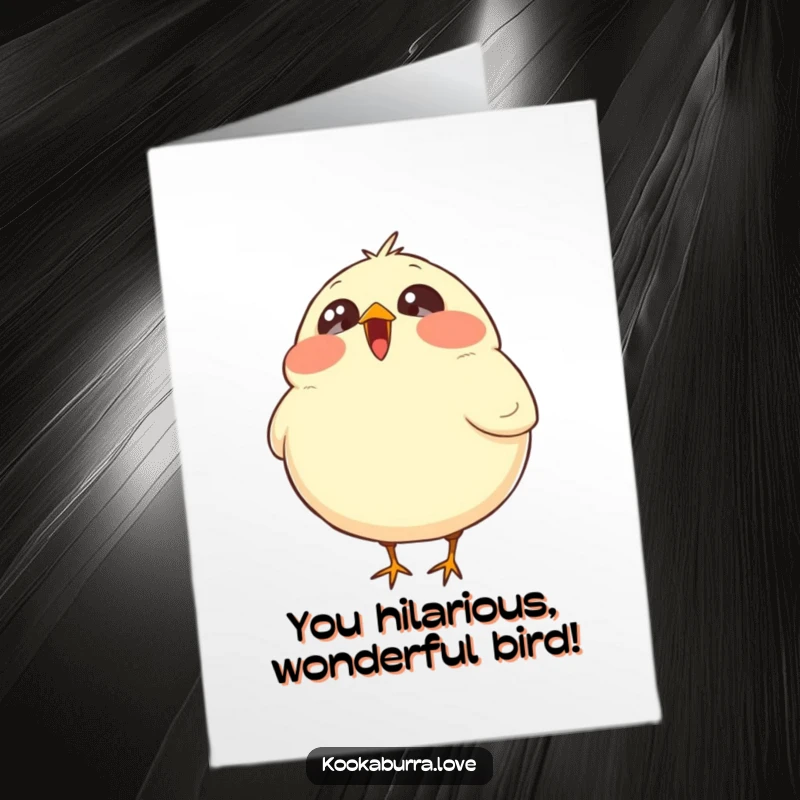 Funny Free Printable Congratulations Card: A plump bird with wide, sparkling eyes is captured mid-laugh, conveying infectious joy and celebration.