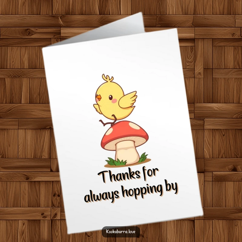 Funny Free Printable Thank You Card: A zippy bird is captured in mid-hop on a bouncy mushroom, conveying energetic appreciation.