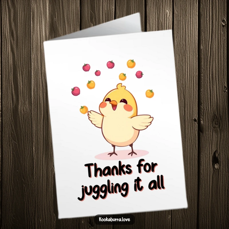 Funny Free Printable Thank You Card: A happy bird juggles multiple colorful berries in the air, a vibrant symbol of gratitude.