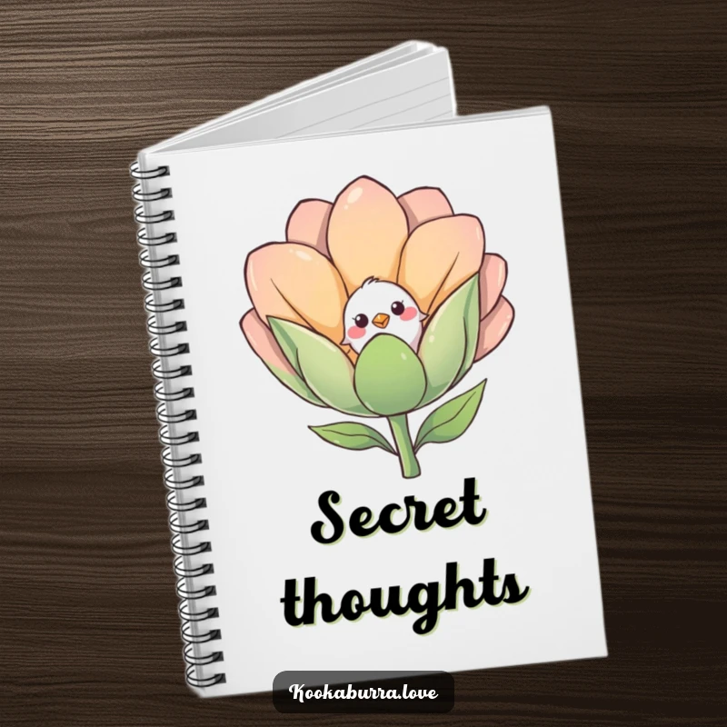 Funny notebook with a cover showing a shy small bird cautiously peeking out from behind a smiling flower bud.