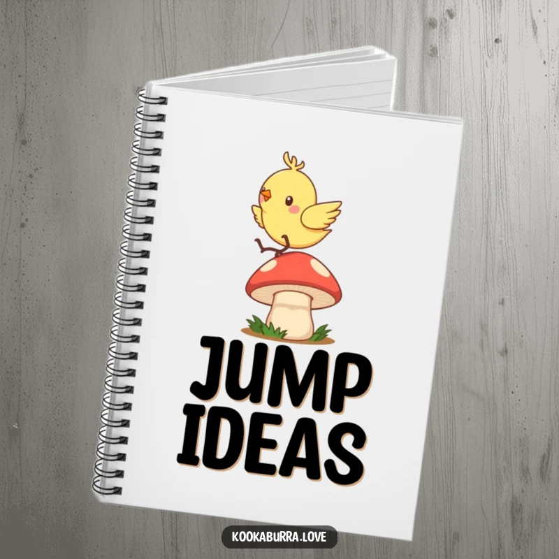 Funny notebook with a cover showing a quick, zippy bird joyfully hopping and bouncing on a mushroom.