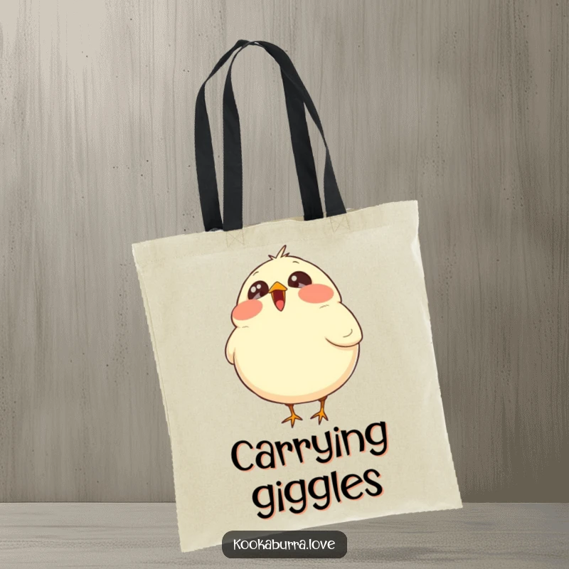 Funny tote bag showcasing a plump, round bird with wide, sparkling eyes caught in a moment of unrestrained laughter.