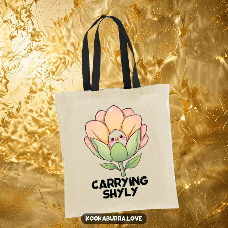 Funny tote bag with a shy bird cautiously peeking from behind a large, smiling flower bud.