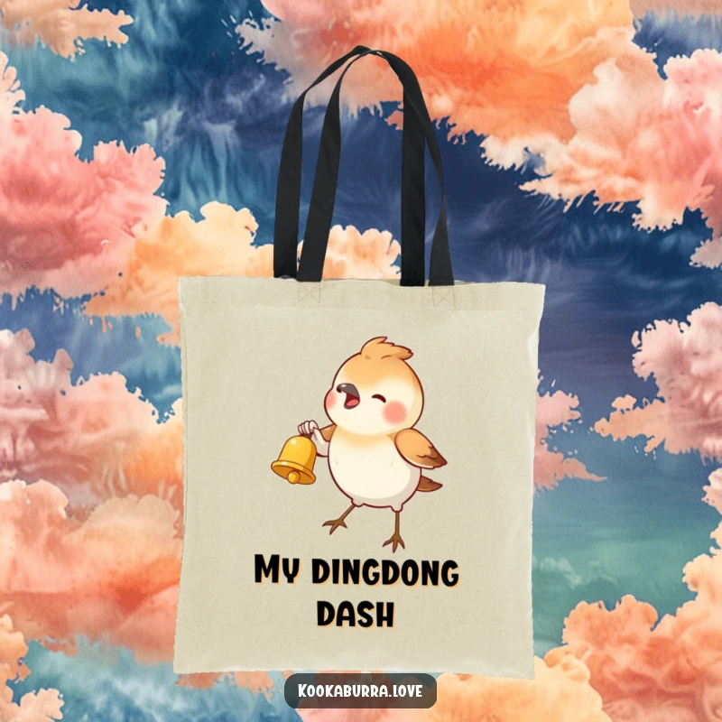 Funny Tote Bag depicting a small bird enthusiastically ringing a tiny golden bell, perfect for carrying items with a humorous touch.